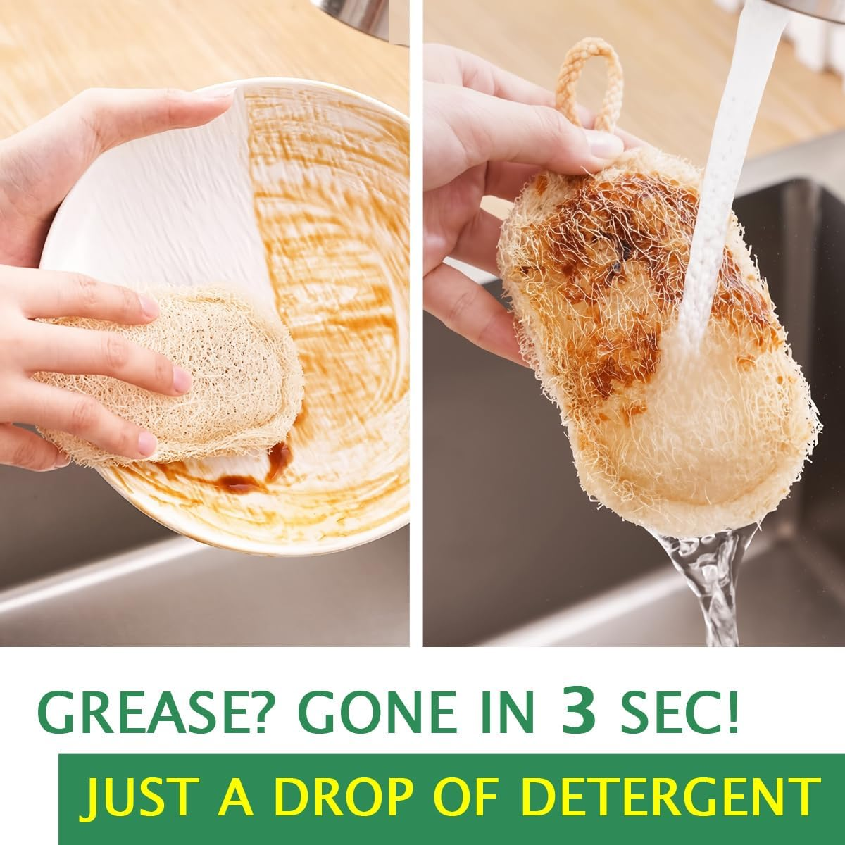 Natural Loofah Sponge for Bath & Kitchen - Double Layer Exfoliating Scrubber, Eco-Friendly Plant Fiber Body & Dish Scrub Pad, 2-Pack in Paper Bag (12X8Cm) image number 3