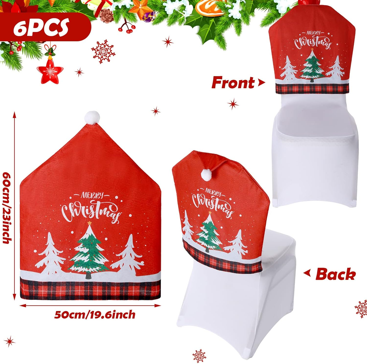 6 Pcs Christmas Chair Covers Santa Hat Red Slipcovers Chair Back Covers Xmas Chair Covers Decoration for Home Dinner Christmas Banquet Party Festival Decor, 23.6 X 19.6 Inch image number 4