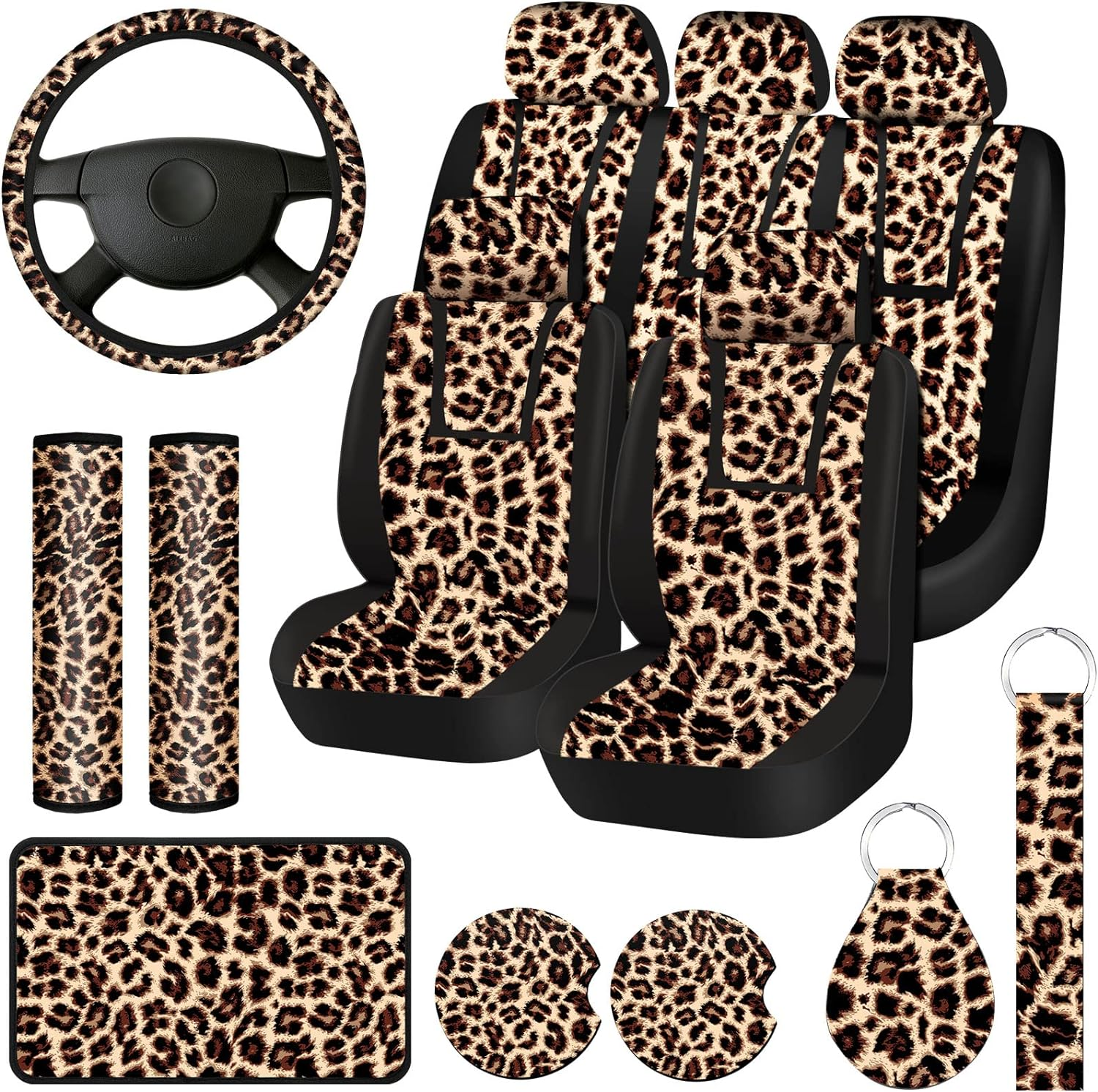 13 Pcs Leopard Print Car Seat Cover Full Set, Leopard Car Accessories for Women Men, Leopard Seat Covers Steering Wheel Cover Armrest Pad Cover Seat Belt Pad Keychain Wrist Strap and Cup Holder image number 4