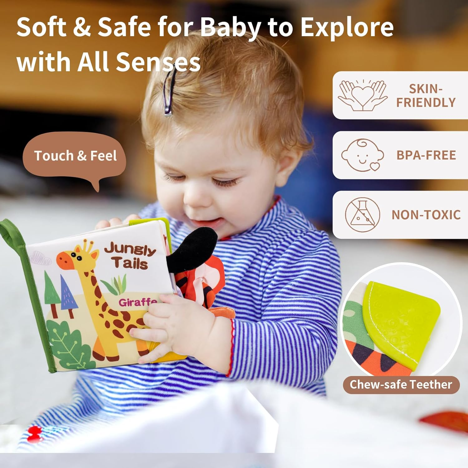 Coolplay Baby Sensory Toys 0-6 Months, Baby Animal Tails Books Toys Crinkle Books 6-12 Months Toddler Soft Cloth Book for Newborn image number 2