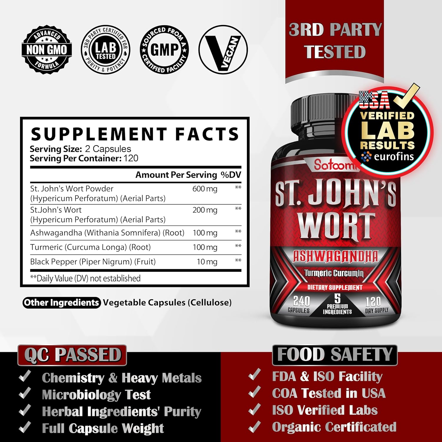 SATOOMI St. John'S Wort Capsules Extract - 5 Herbs with Ashwagandha, Turmeric & Black Pepper - 240 Vegan Caps for 4 Months - Non-Gmo, Gluten Free image number 1