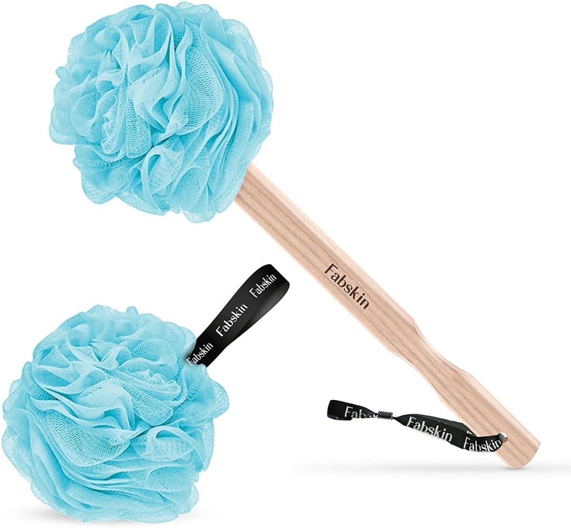 FABSKIN Luxury Bath Loofah Duo Pack | Peach | Loofah for Men and Women | Bath Brush Body Back Scrubber with Wooden Handle for Bathing with round Loofah | Made in India (Blue) image number 2