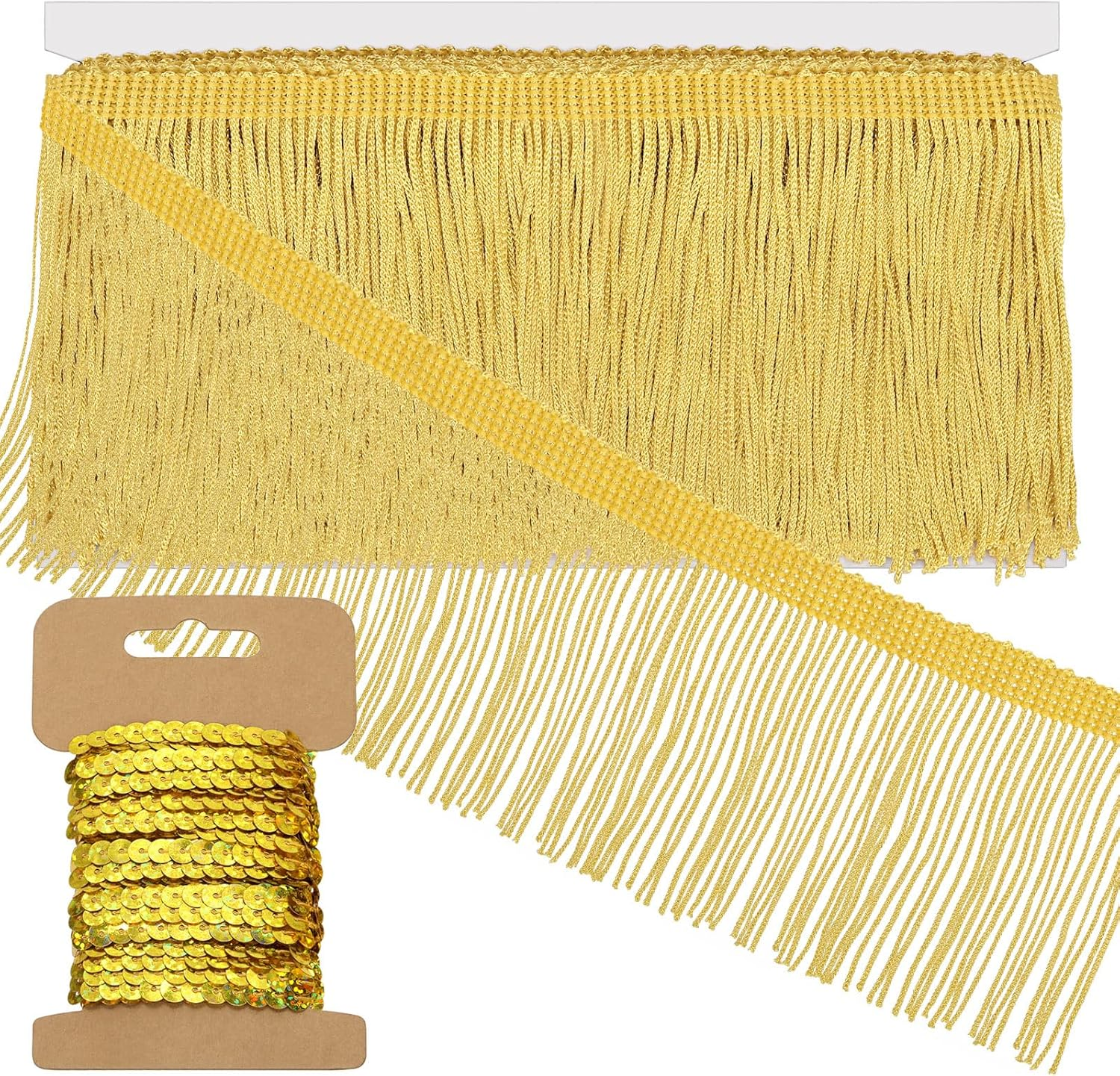 Swpeet 5 Yard &times; 4 Inch Golden Polyester Fringe with Sequin Trim, Fabric Fringe, Chainette Trim, Tassel, Sewing Fringe Trim for Latin Dress, Wedding, Party Decorations