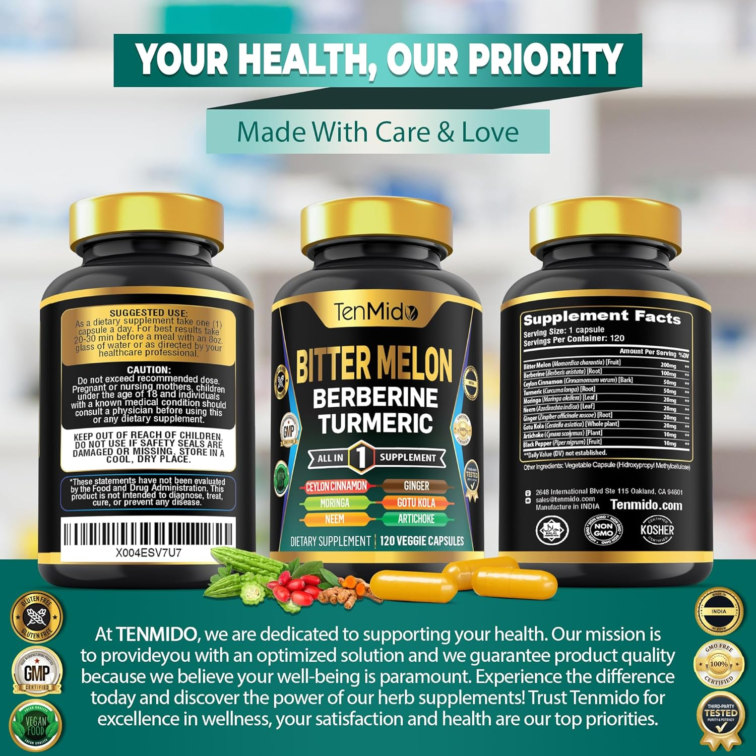 Bitter Melon Supplement - 10In1 Formula - Combine with Berberine, Ceylon Cinnamon, Turmeric, Moringa, Neem, Ginger, Gotu Kola, Artichoke, and Black Pepper - 120 Capsules for 4 Months Supply image number 6