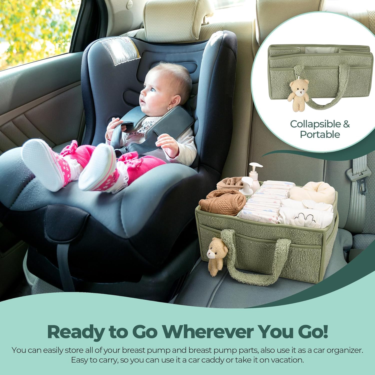 Baby Nappy Caddy Diaper Caddy Organizer, Baby Storage Basket for Diapers and Wipes (Green, with Bear) image number 4