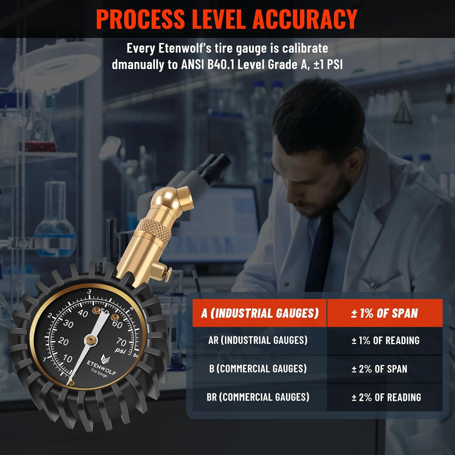 ETENWOLF Tire Pressure Gauge for Cars 0-75 PSI, Air Pressure Gauge with Large Glow Dial, Calibrated to ANSI B40.1 Grade A(Plus-Minus 1%), Tire Gauge for Tire Pressure Car Accessories (Black) image number 6