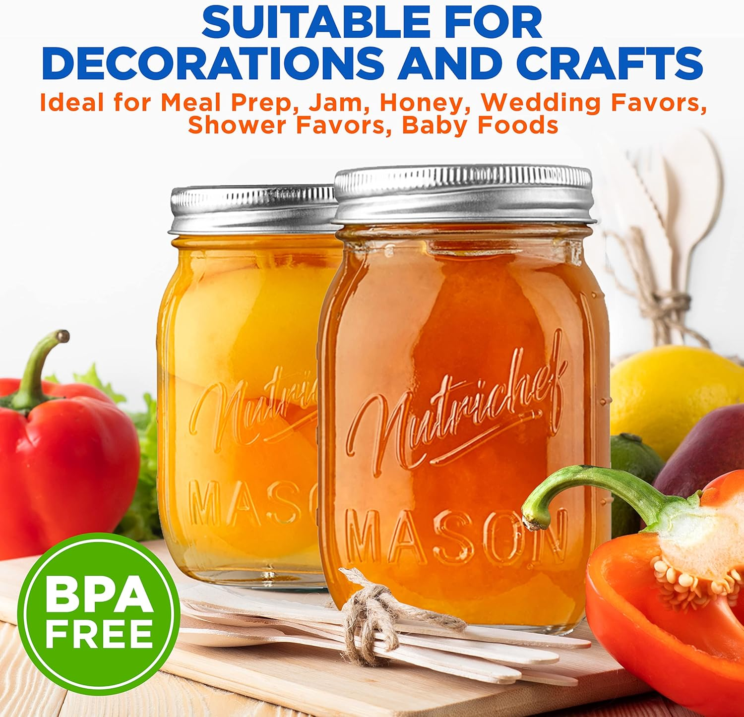 Nutrichef, Mason Jars, Glass Container Food Storage, Meal Prep Containers with Lids, Overnight Oats Jar, Glass Jar with Lid, Spice Container, Canning Jar, Ideal For: Wedding Favors, Crafts, Pickling,8 image number 4