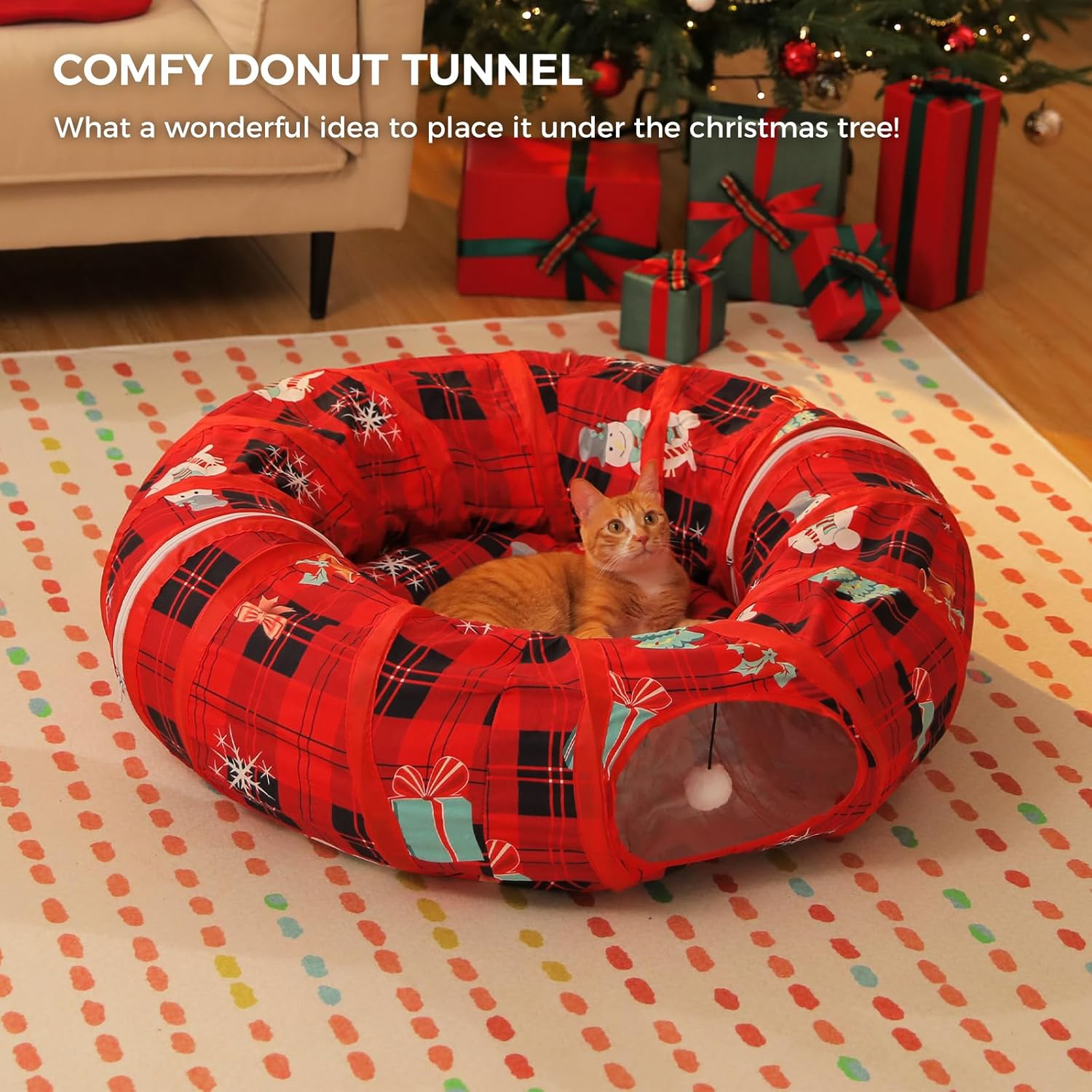 PAWZ Road Cat Tunnel for Indoor Cats, Bed with Central Mat, Peephole, Toy, Hanging Balls, Christmas Toy, Diameter 90 Cm, Red image number 6