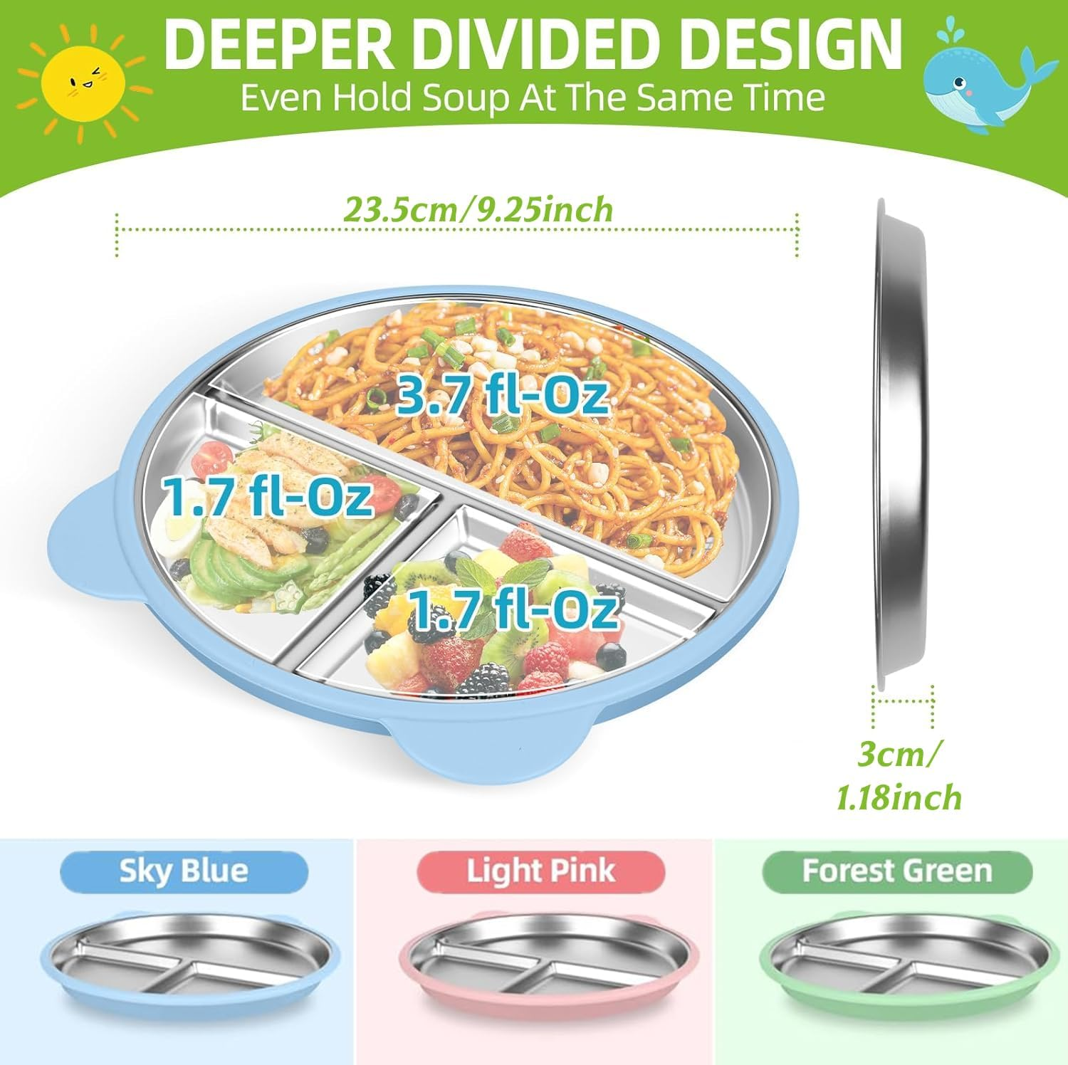 3 Pack Stainless Steel Toddler Plates with Suction,9&rdquo; Kids Divided Plates with Removable Silicone Sleeves,Non-Slip Portion Control Snack Dishes,Unbreakable, Dishwasher Safe Baby Feeding Set image number 3