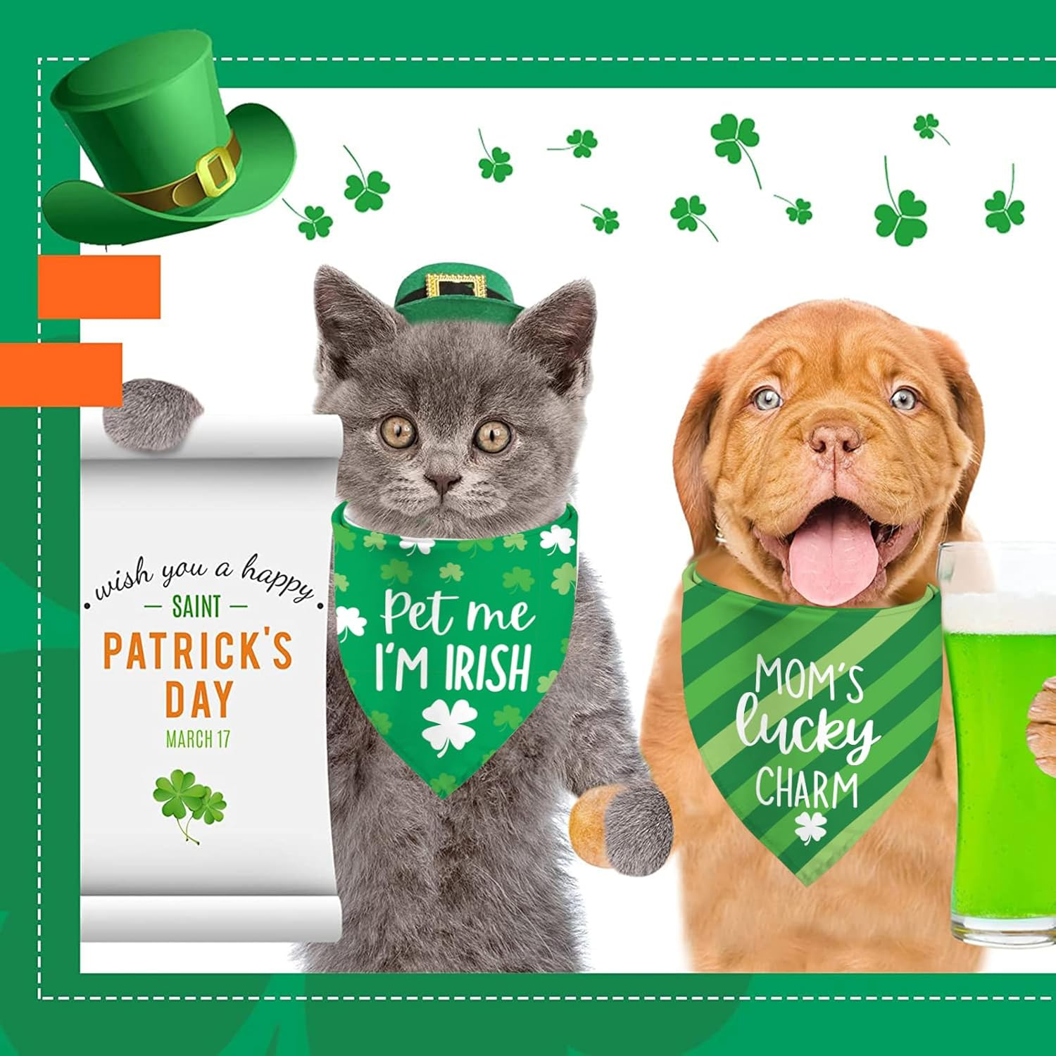 St Patrick'S Day Dog Bandanas - Lucky Shamrock Puppy Scarf - 2 Pcs Adjustable Triangle Double-Layer Reversible Pet Bandanas for Small Medium Large Dogs image number 5