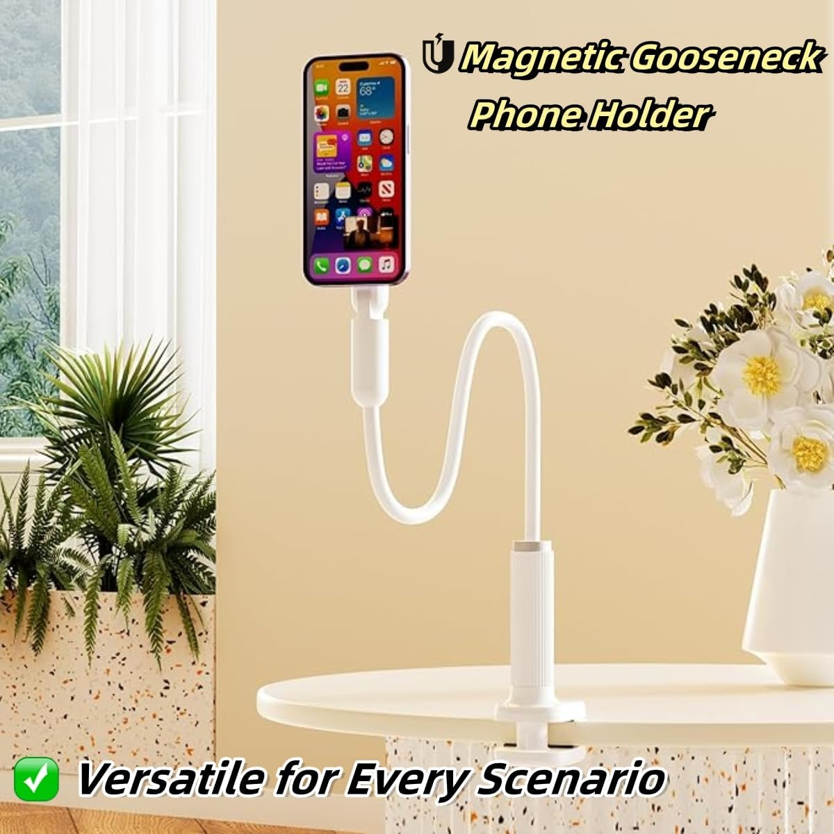 NQQNQQ M-TM 【90CM】 Magnetic Gooseneck Phone Holder for Bed & Desk, 360&deg; Rotation, Sturdy Arm Compatible with Iphone 15/14/13/12 Pro Max, Overhead Mount for Live Streams & Zoom (White) image number 1