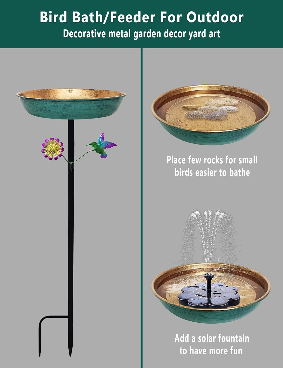 Bird Bath for Outside, 11 Inch Green&Bronze Metal Birdbath Bowl Decorated Hummingbird Flower Freestanding Garden Bird Bath Feeder Outdoor Decor Yard Art image number 4