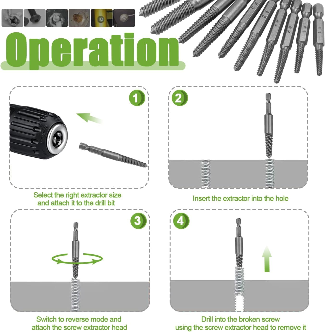 10 Pcs Screw Extractor Set High-Speed Steel Easy Out Broken Bolt Removal Kit Damaged and Stripped Screws Remover Water Pipe Screw and Spiral Removing Tool with 1/4" Hex Shank image number 1