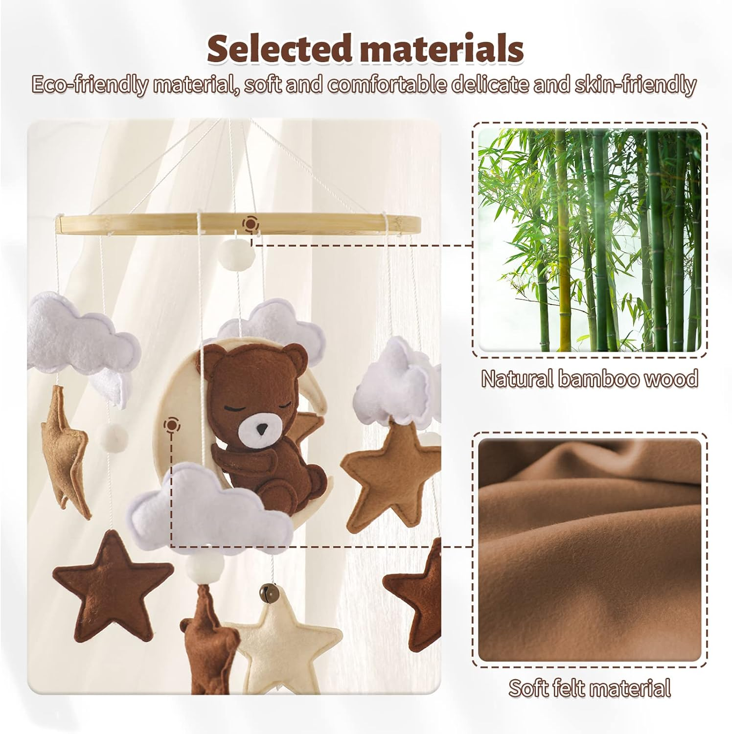 Promise Babe Mobile Baby Wind Chimes Clouds Star Moon Baby Mobile with Bear Handmade Wooden Crochet Animal Wind Chime Bed Bell Pendant for Hanging Baby Bed Nursery Changing Table Playpen Decoration - Felt Elephant Mobile image number 6