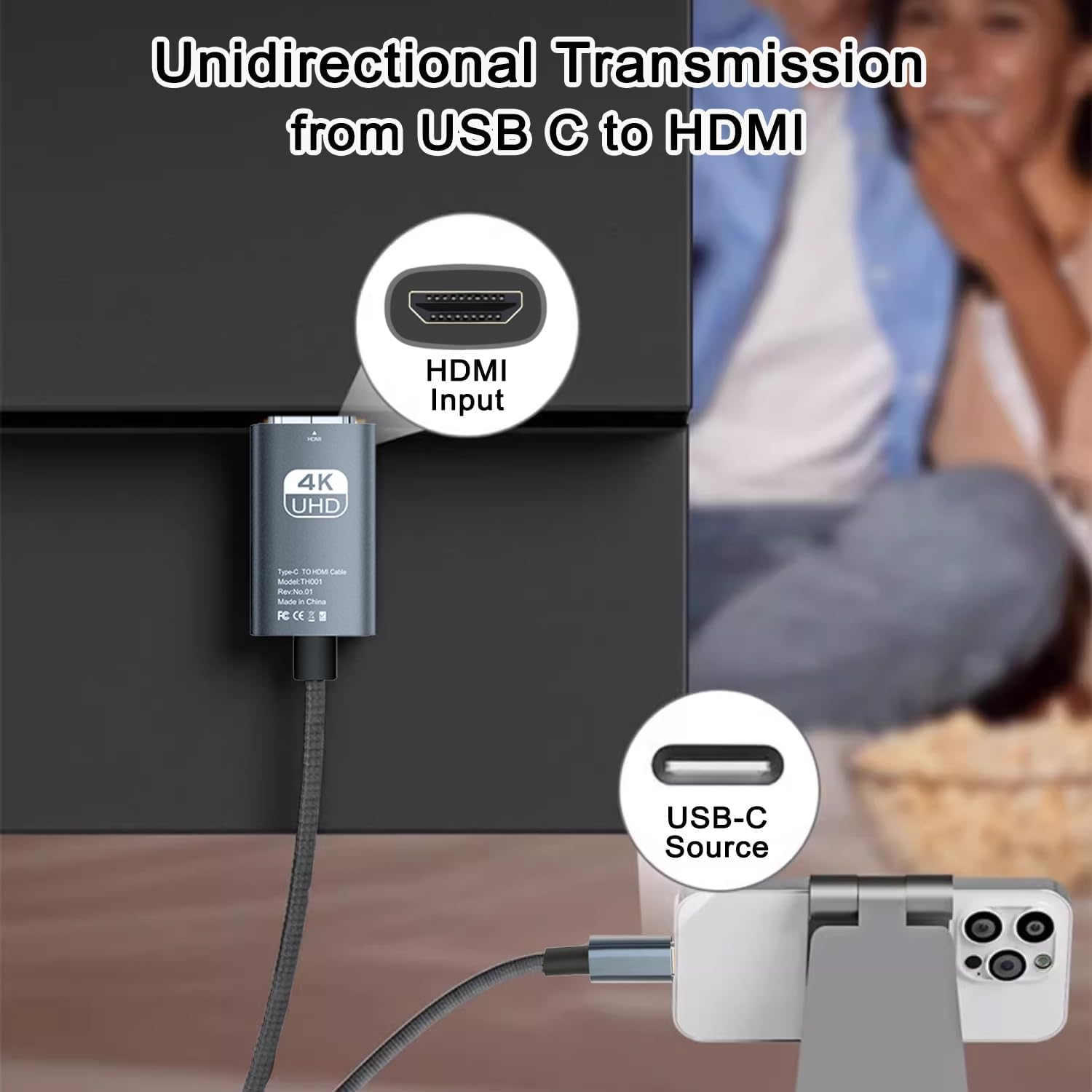 USB C to HDMI Cable 4K@60Hz 2M HDMI to USB C Adapter for Home Office Thunderbolt 4/3 to HDMI Cable Video Adapter Compatible for Iphone17 16 Pro for Macbook Pro/Air for Surface for XPS for Galaxy Etc image number 4