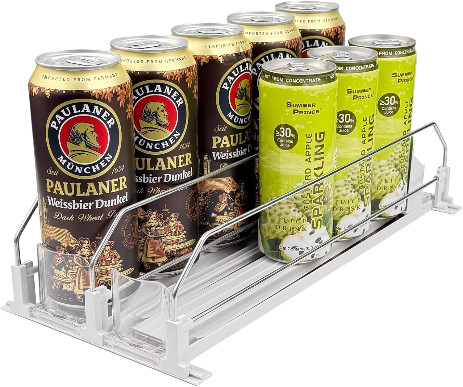 Neehows Drink Organizer for Fridge, Self Pushing Soda Can Dispenser for Refrigerator, Automatic Beverage Pusher Glide Beer Water Bottle Holder -2 Rows, White