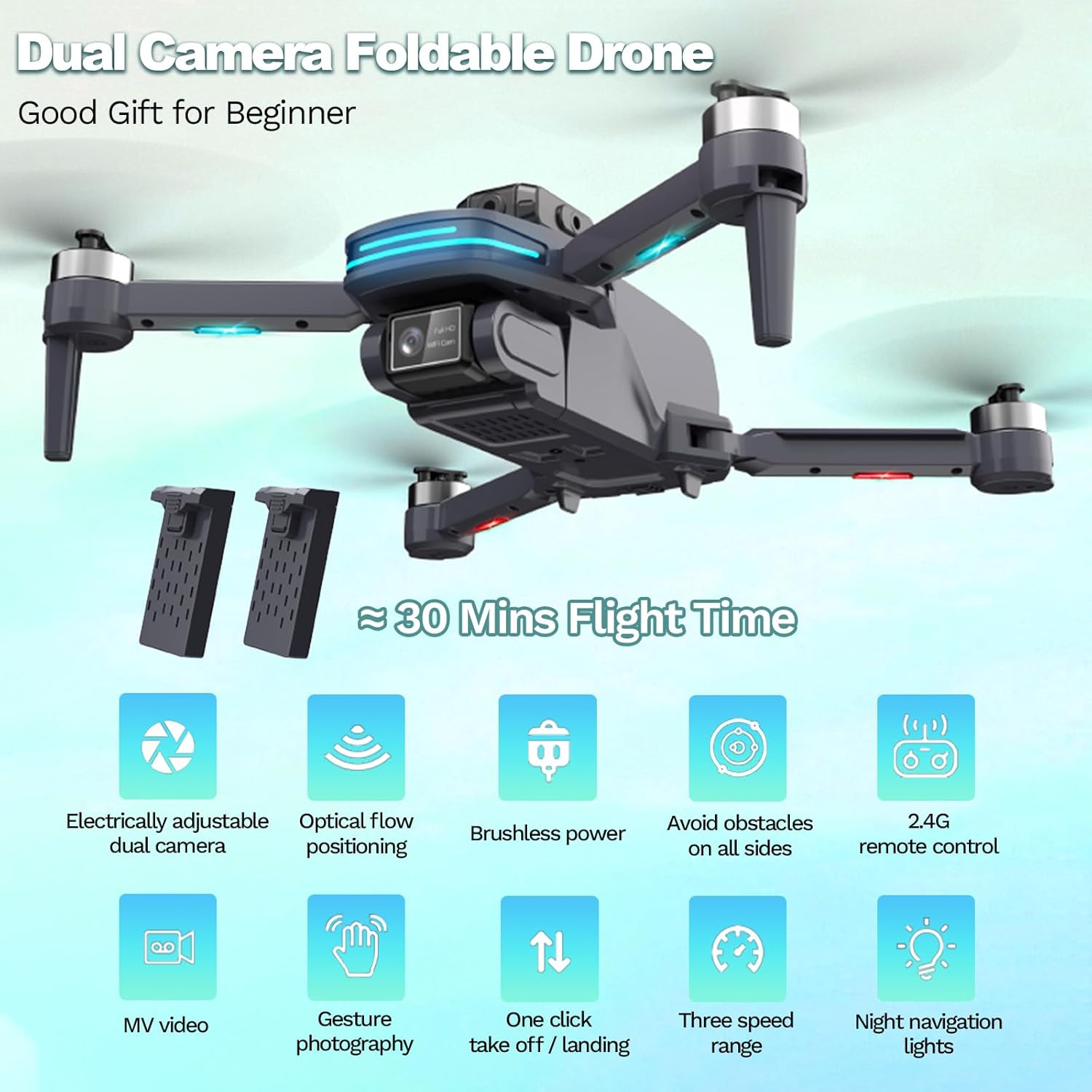 Foldable Drone with 1080P Electrically Adjustable Dual Camera for Beginner, Brushless RC Quadcopter with Altitude Hold, Carring Case, Headless Mode, One Key Take Off/Land, Obstacle Avoidance image number 3