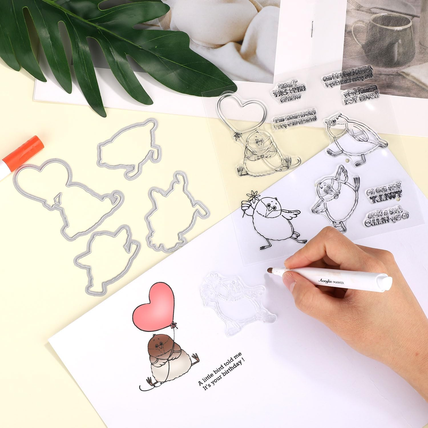 Stamps and Dies for Card Making, Metal Animal Cutting Die Stamp with Heart Funny Birds Stamps and Dies with Silicone Stamp for Paper Albums DIY Arts Crafts