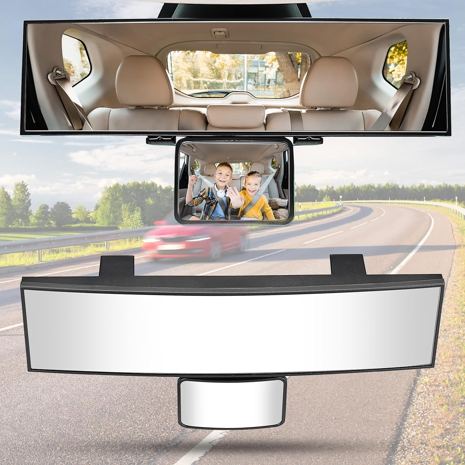 JOYTUTUS Car Rear View Mirror with Baby Mirror, Universal 11 Inch Panoramic Convex Rearview Mirror, Interior Clip-On Wide Angle Rear View Mirror to Reduce Blind Spot Effectively for Car SUV Trucks image number 3
