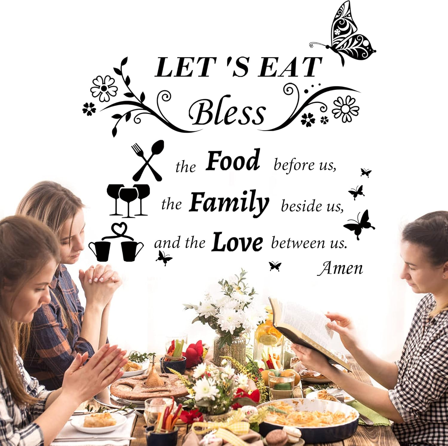 Kitchen Wall Decals Dinner Meal Prayer Wall Stickers Vinyl Kitchen Quotes Wall Decal Let'S Eat Bless the Food before Us Sign Christian Religious Saying Stickers for Dinning Room Home Restaurant image number 4