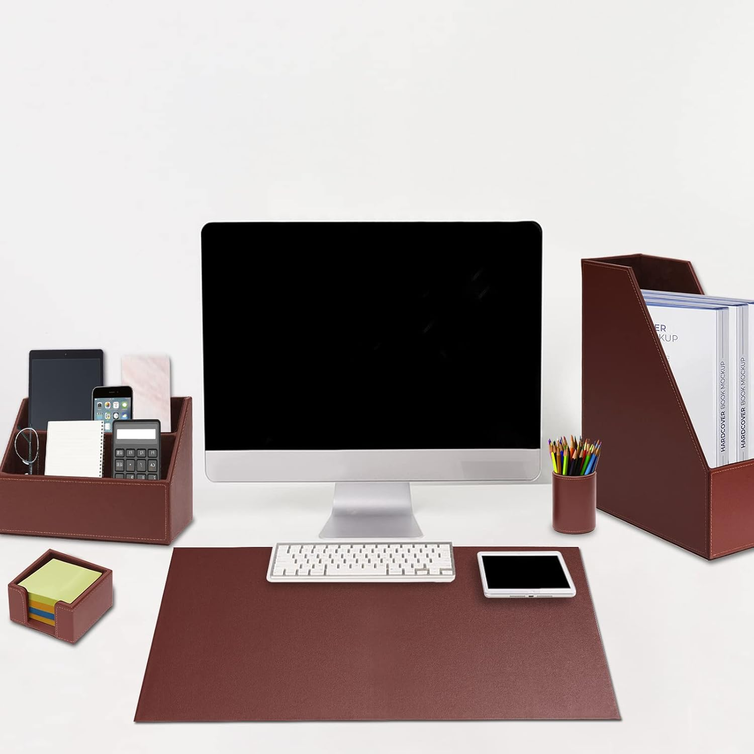 XNONE Office Supplies PU Leather 6-Piece Desk Organizer with Writing Pad, Letter Tray, File Folder Sorter, Pen Cup, Note Holder, Business Card Holder - Brown - Black image number 3