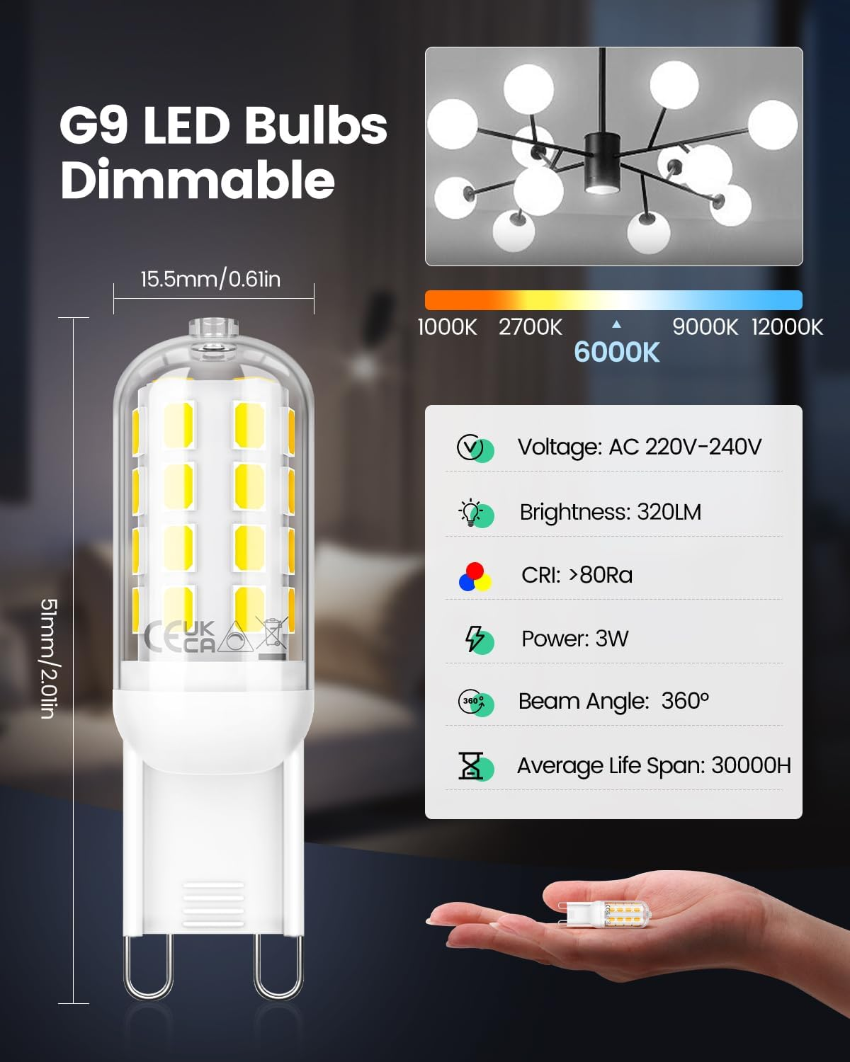 Tailcas G9 Dimmable LED Bulb, 3W G9 6000K Cool White Equivalent to 30W Halogen, 320LM Flicker-Free, for Bedroom, Living Room, Kitchen, 360 Degree Angle AC 220-240V, Pack of 10 - Cold White image number 6