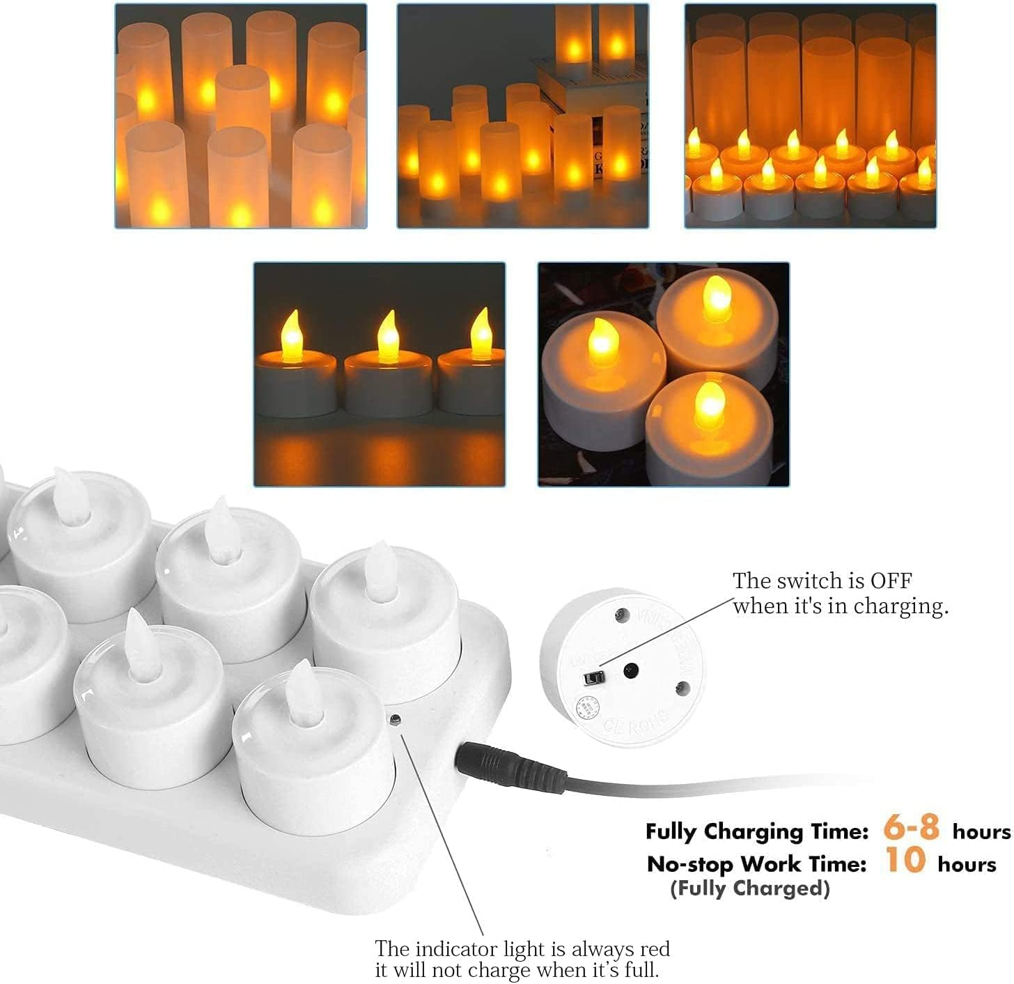 Flameless Candles with Rechargeable Base Led Candles Flickering LED Tea Lights Unscented Tealight Warm White Plastic Realistic Candle Party Decoration Upgraded Tea Candle Set of 12 NO Need Battery image number 5