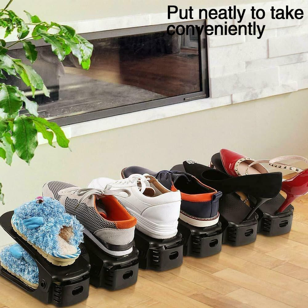 Shoe Slots Organizer Adjustable Shoe Stacker Storage Space Saver 4 Level Double Plastic Shoe Rack Living Room Shoe Storage Cabinet Rack Holder (Black)