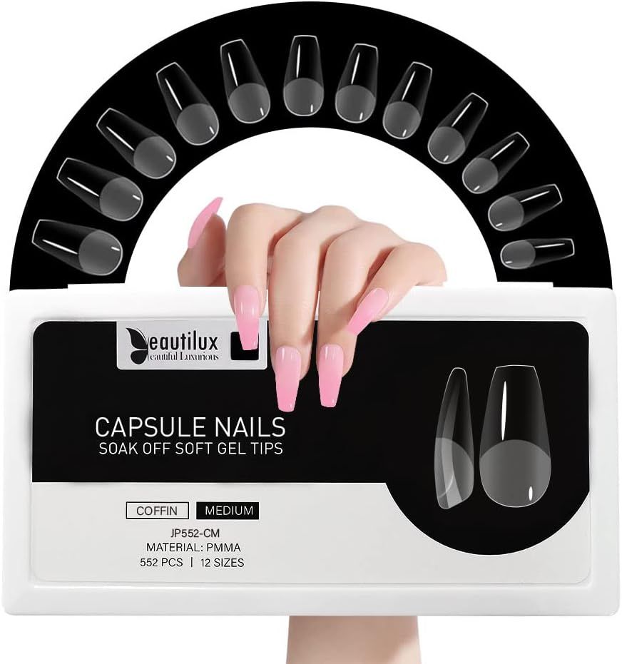 Beautilux Nail Tips, Pack of 552, Coffin Medium Tips for Gel Nails, Transparent, 12 Sizes, Pre-Buff PMMA Soft Full Cover Nail Tips for Home Manicure and Nail Salons