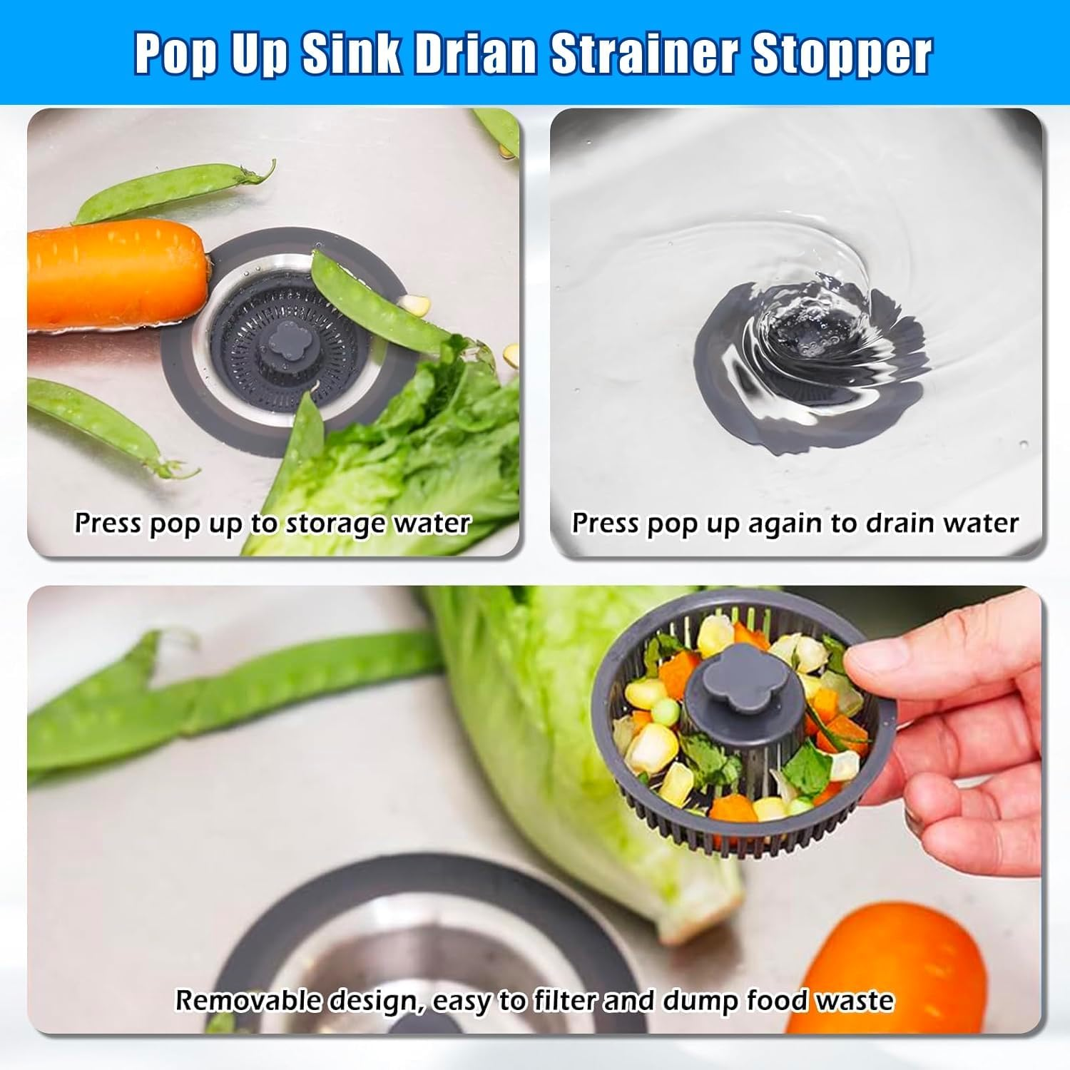 2 Pcs Kitchen Sink Drain Strainer, Upgraded 3 in 1 Kitchen Sink Drain Strainer Set, 304 Stainless Steel Sink Stopper, Silicone Anti-Clogging Catcher Basket,3-Layer Leak-Proof Silicone Ring Filter image number 1