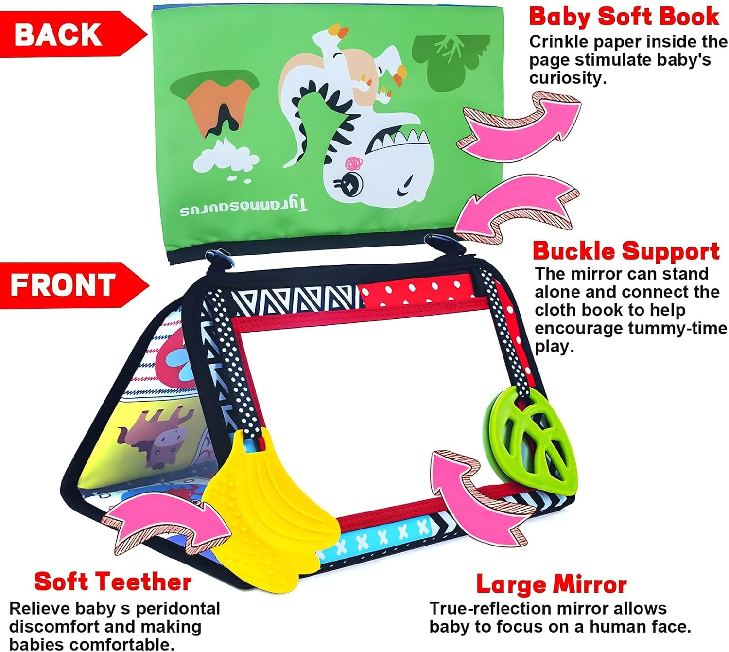 Tummy Time Baby Mirror, Infant Toys Newborn Toys 0 3 Months Brain Development with Crinkle Cloth Book, Black and White High Contrast Baby Toys 4 6 9 12 18 Month Boys Girls Crawling Sensory Toy image number 3