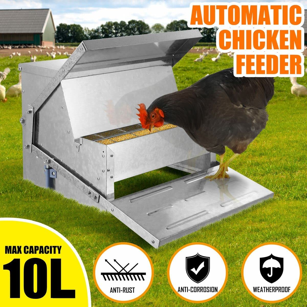 Pet Scene 10L Automatic Chicken Feeder Chook Food Feeder Large Capacity Treadle Galvanized Steel Opening Poultry image number 2