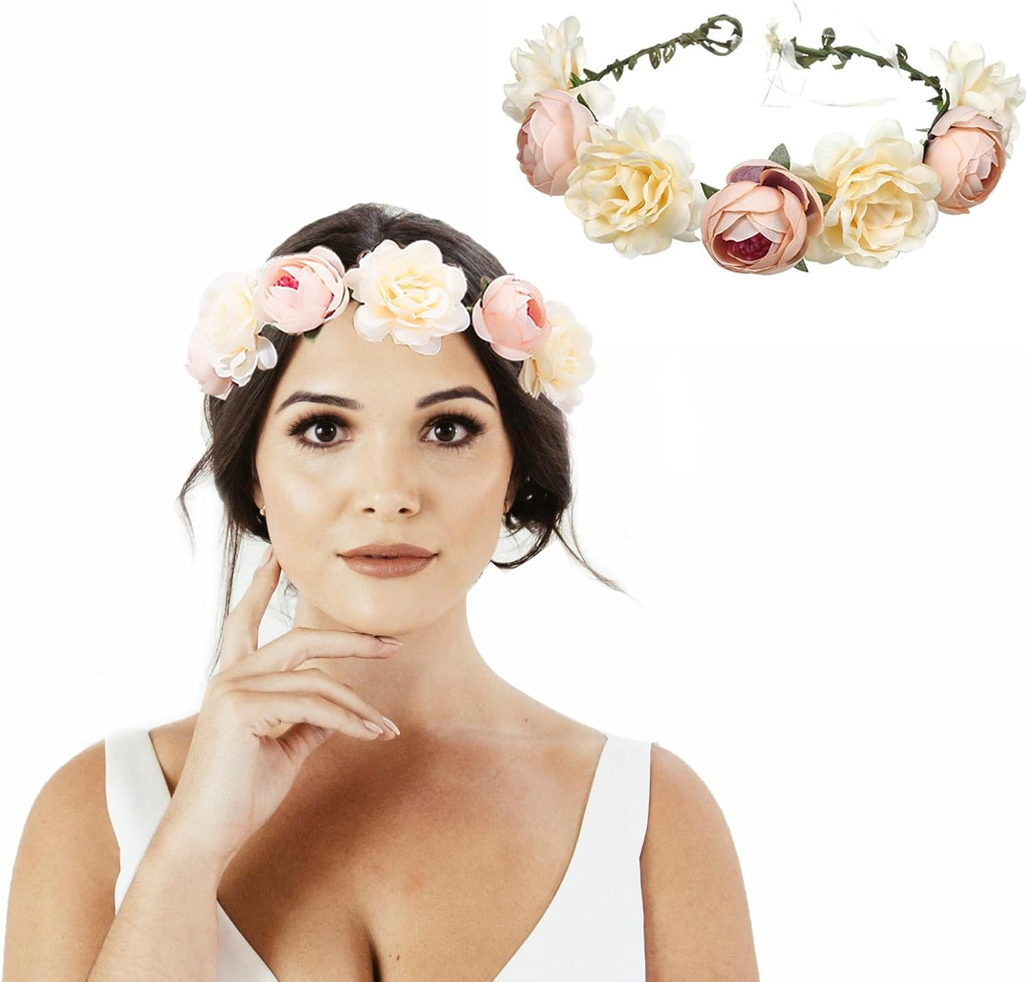 AWOCAN Flower Crown Headband Women Flower Headpiece Boho Artificial Flowers Bridal Flower Headband Wreath Crown for Wedding Festival Party Photography (Beige)