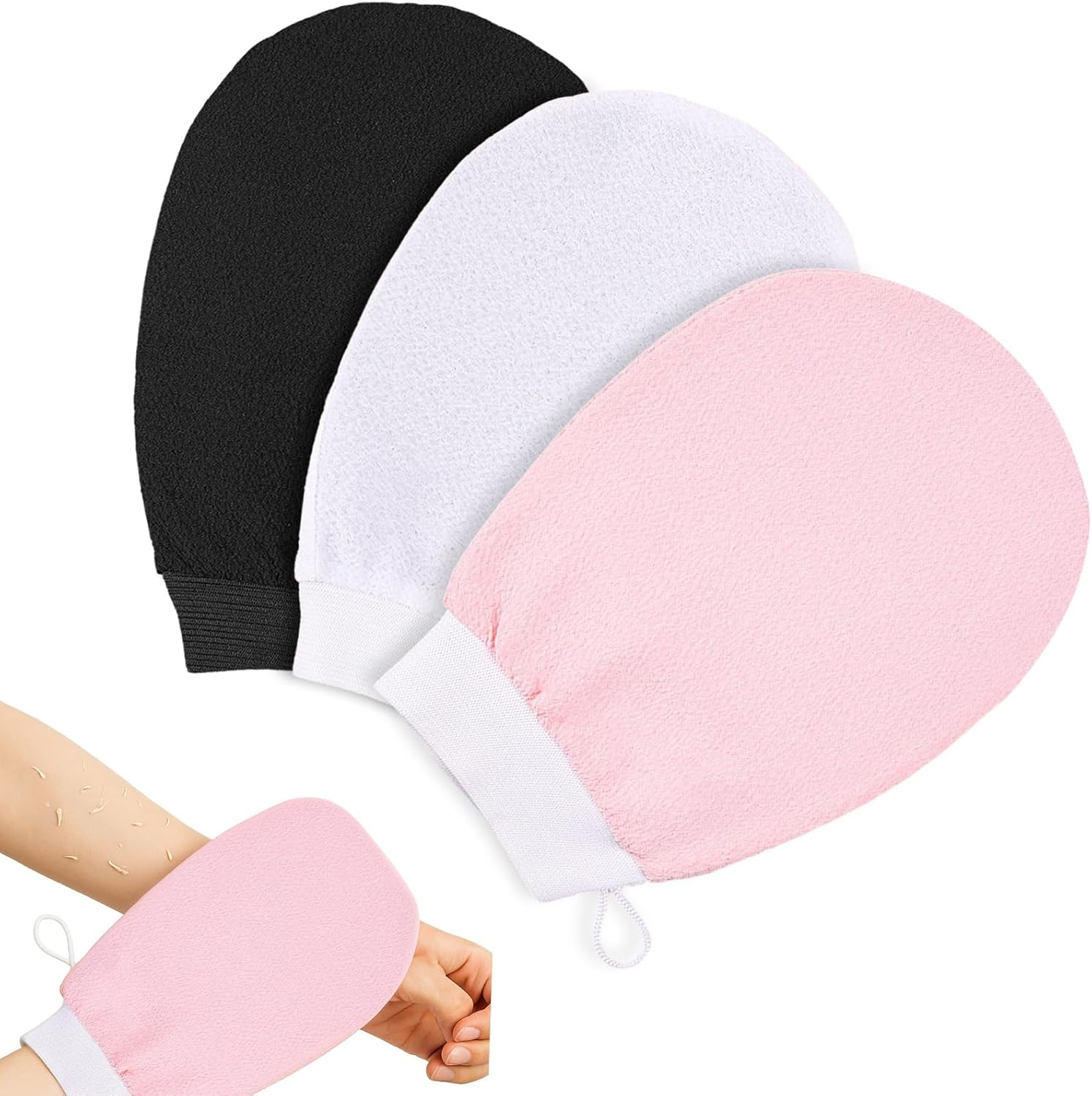 Havenease 3-Pack Korean Exfoliating Mitts & Gloves Set,Deep Cleansing Scrub Gloves,Remove Dead Skin Bath Body Scrub Mitt for All Skin Types and Improve Blood Circulation,Spa,Shower,Dead Skin Cell Remover (White, Pink, Black) image number 2