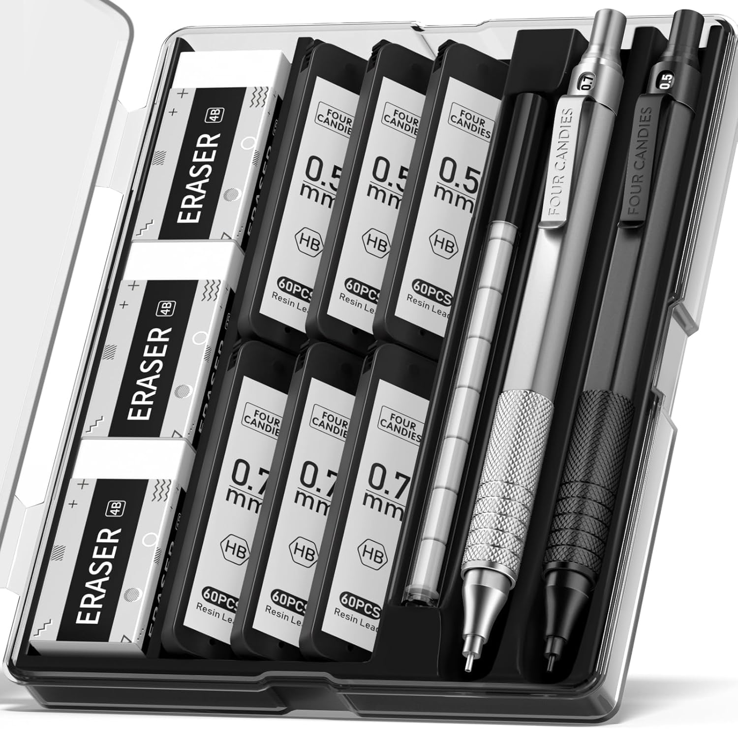 Four Candies 4PCS Metal Mechanical Pencils Set with Case, 0.5Mm & 0.7 Mm Artist Pencil with 8 Tubes (480PCS) HB Lead Refills, 3 Erasers,9 Eraser Refills for Writing Drafting, Drawing, Black&Sliver image number 2