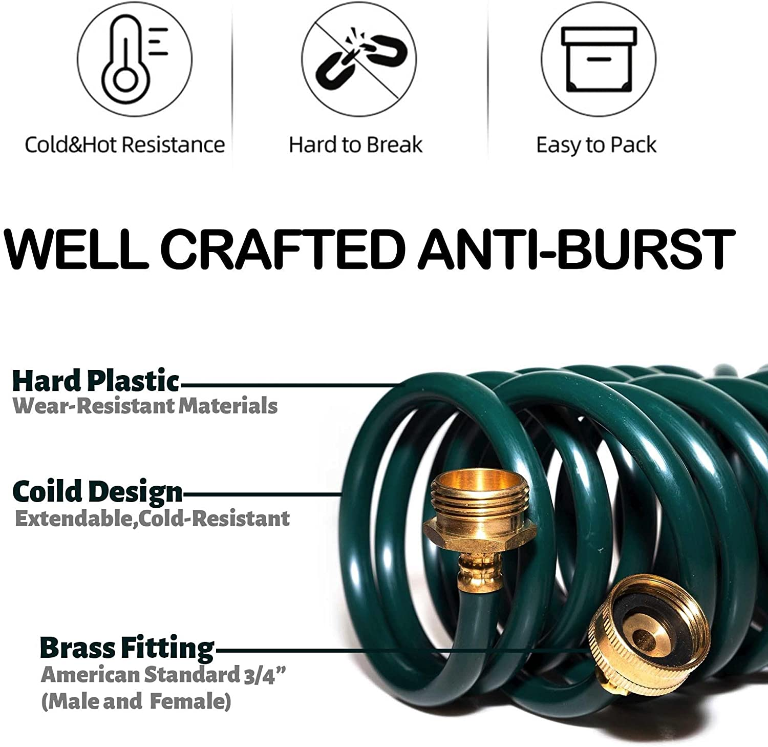 Lightweight EVA Recoil Garden Hose: Retractable Coil Water Hoses with 3/4" GHT Solid Brass Fittings - Corrosion Resistant for Outdoor Lawn Boat (10FT, Green) image number 4