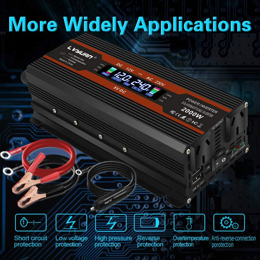 Yinleader 1000W /2000W(Peak) Car Power Inverter DC 12V to 240V AC Converter with Intelligent LCD Display Dual AC Outlets Dual USB for RV Caravan Truck Laptop(Black)