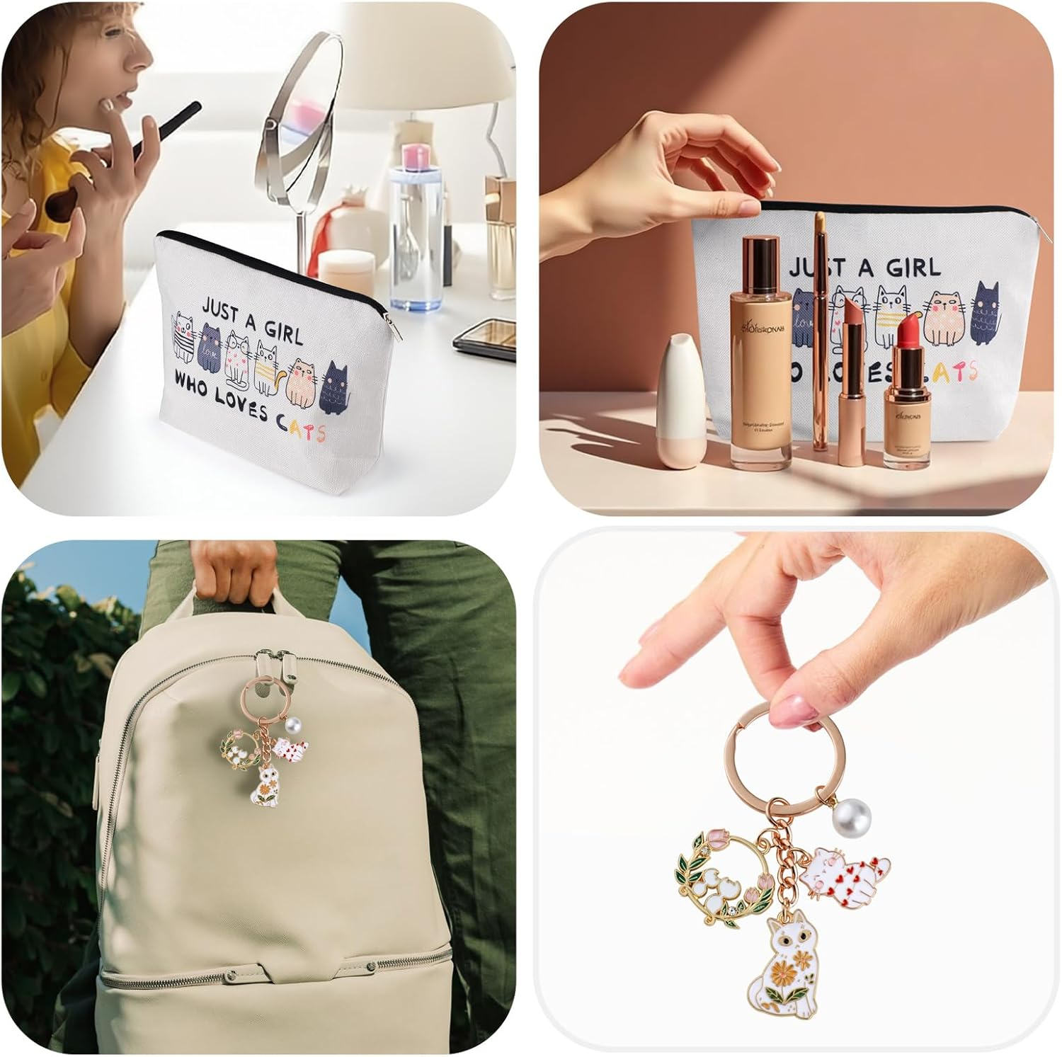 2 PCS Cat Bag for Women - Personalised Makeup Bag Set with Keyring, Themed Travel Cosmetic Zipper Pouch, Cute Keychain for Car Keys/Purses/Handbags