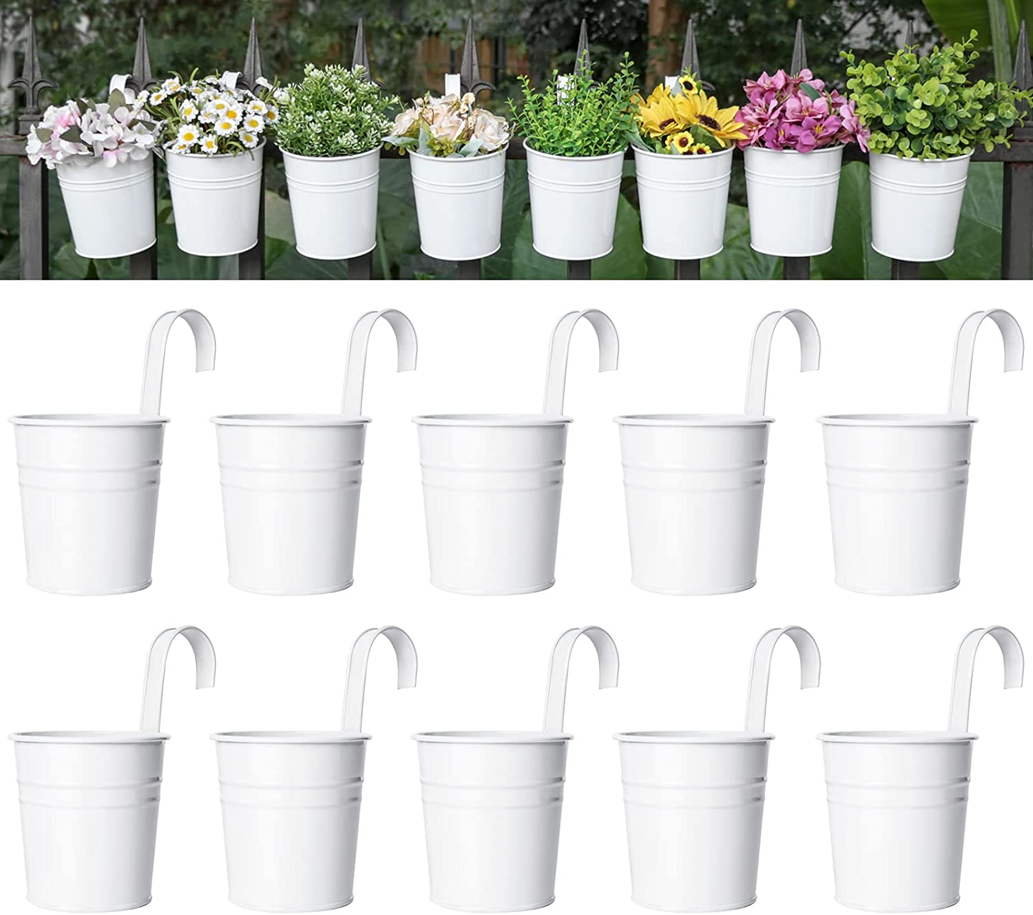 Dahey 10 Pcs Hanging Flower Pots Metal Iron Bucket Planter for Railing Fence Balcony Garden Home Decoration Flower Holders with Detachable Hooks, White, 5 Inches image number 4