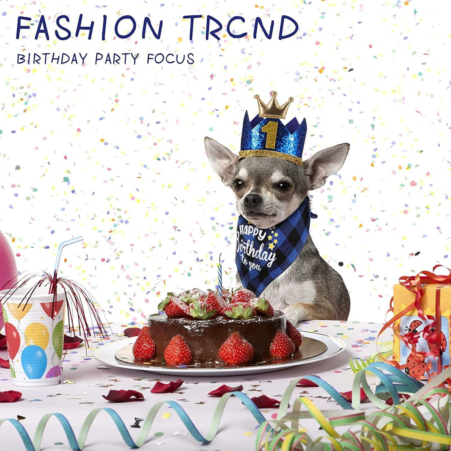 Dog Birthday Party Set, Blue Crown, Bow Tie and Bandana with Numbers, 4 Pieces image number 3