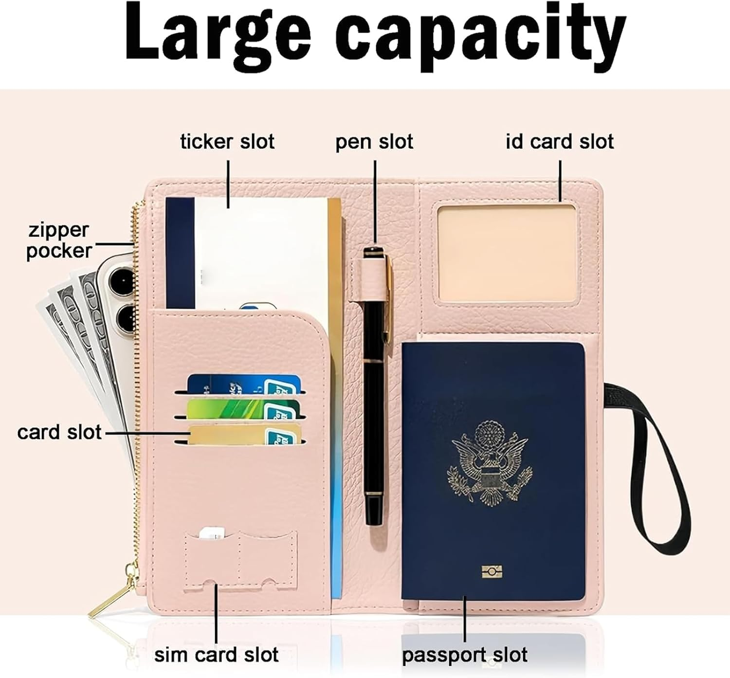 Rylaxzon Waterproof Leather Passport Holder & Passport Wallet, Passport Cover, RFID Passport Holder for Women & Men with Zipper Pocket, Card Slots and Phone Compartment (Pink)