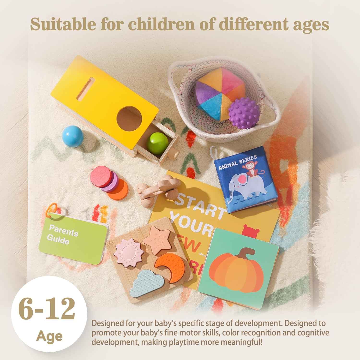 Montessori Toys for Babies 6-12 Months 6 in 1 Learning Educational Toy Set Wooden Toys Play Kit Includes Object Permanence Box, Touch & Match Board, Sensory Ball & Treasure Basket, Soft Baby Book image number 1