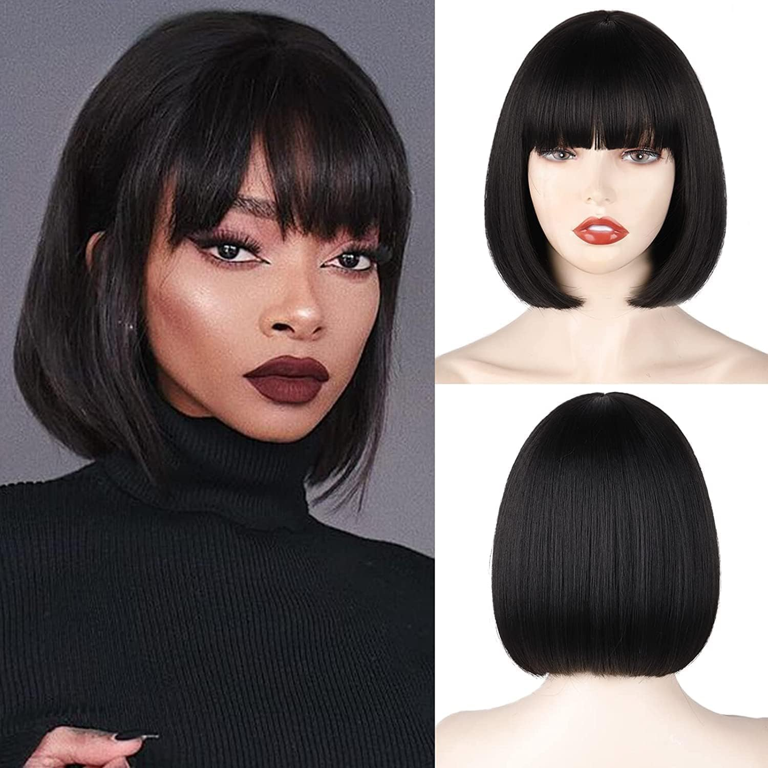 Creamily Black Short Bob Wig,Straight Black Bob Wig with Bangs, 12 Inch Straight Bob Bangs for Women Natural Looking for Party Halloween Costume Cosplay Party Daily Use image number 6