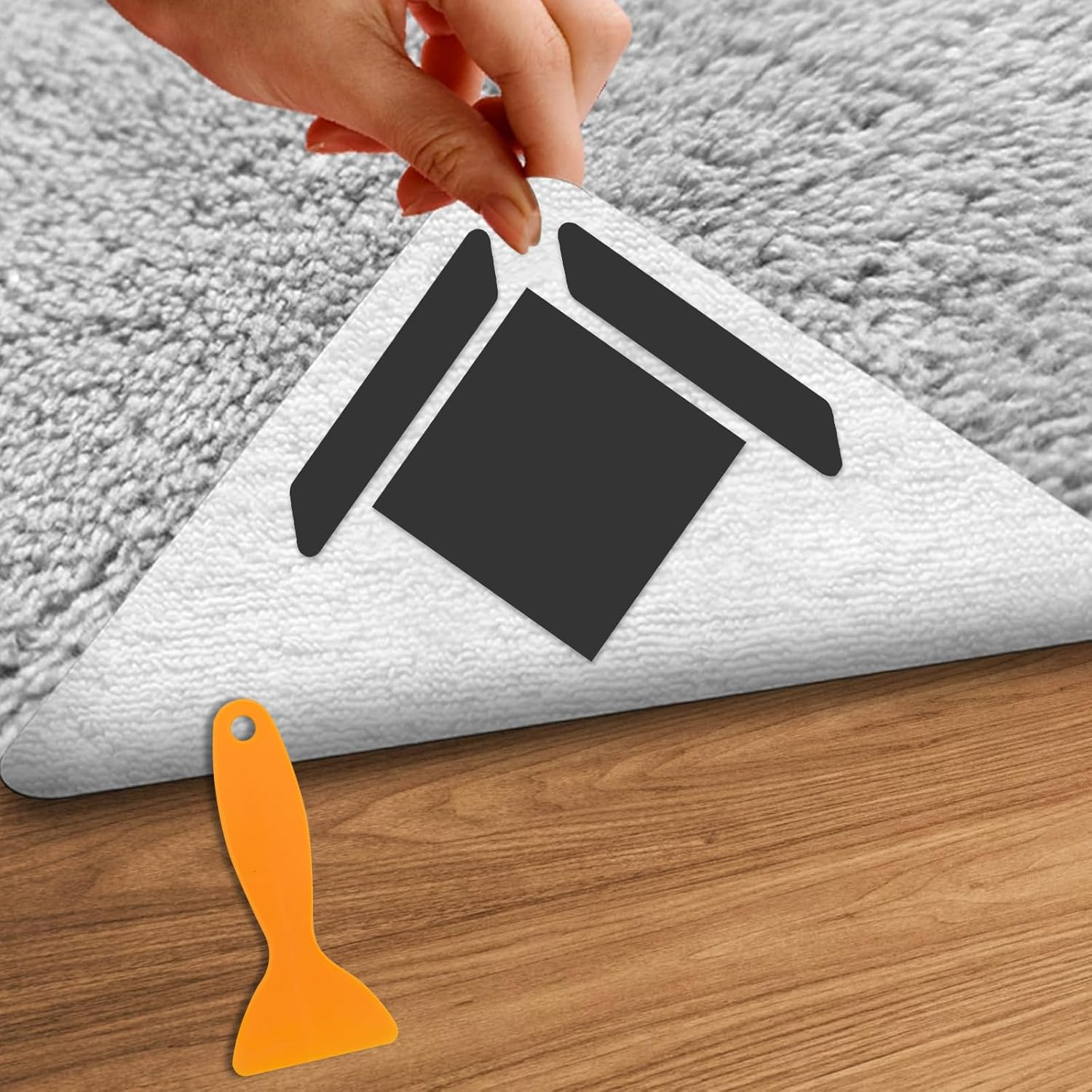 Rug Gripper 12 Pcs - Non Slip Carpet Tape for Hardwood Floors, Reusable Washable Double-Sided Adhesive, Anti-Curling Rug Pad (Black)