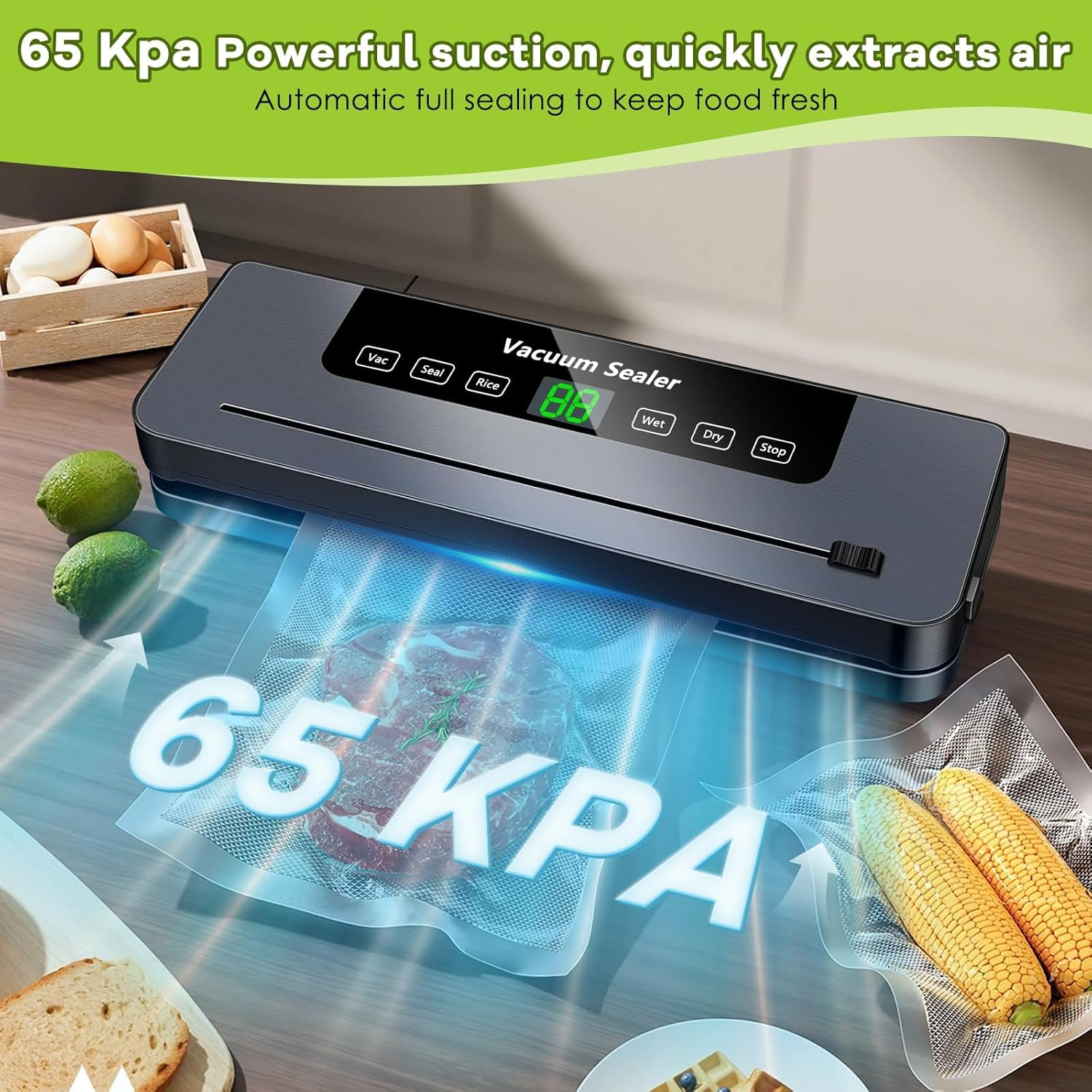 TOJUNE Vacuum Sealer Machine Set, 30 Cm Longer Seal, 65Kpa Powerful 6 in 1 Automatic Air Sealing for Food Storage and Sous Vide with 50 Pcs Bags, Built-In Cutter and LED Display, AU Plug 220V (Grey) image number 6