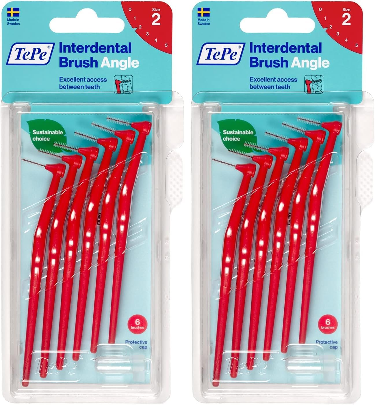 Tepe Interdental Brush Angle, Red, 0.5Mm/Iso 2, 6Pcs, Interspace Cleaning, Plaque Remover for Teeth for Narrow Gaps, Ensures Strong Gums and Teeth (Pack of 2)