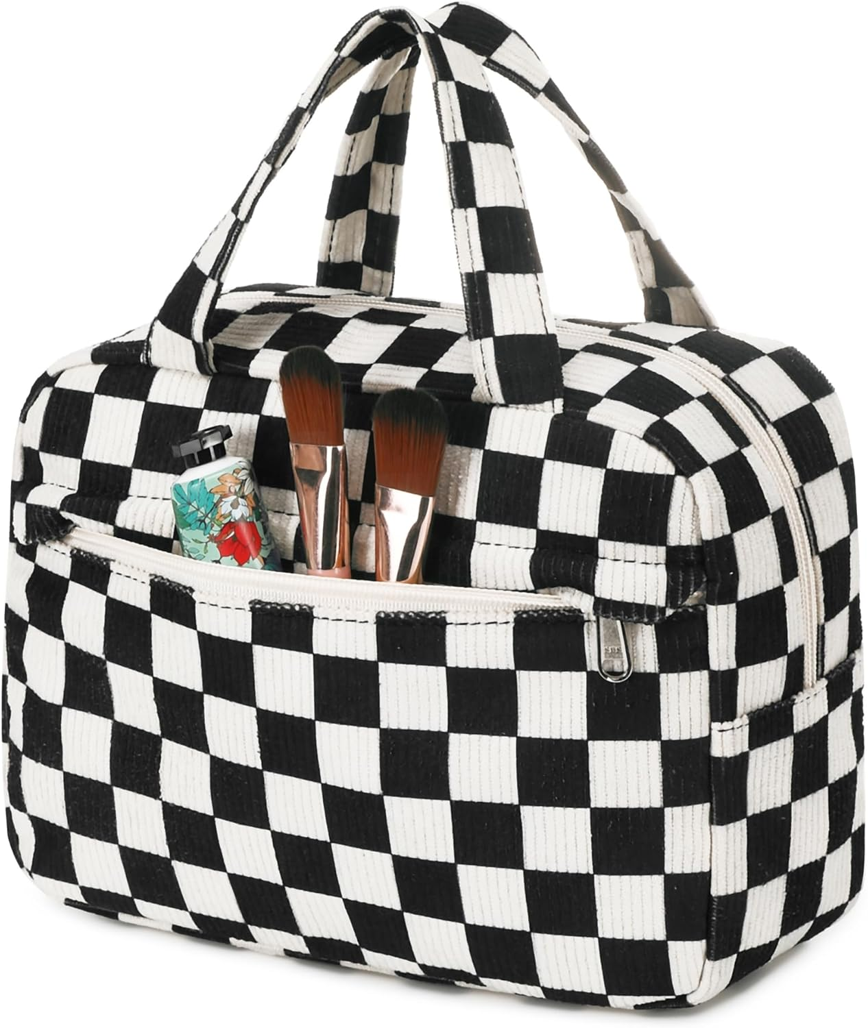 LEDAOU Cosmetic Bag with Inner Compartments, Carry Handle, Water-Repellent Makeup Bag, Corduroy Toiletry Bag, Unisex, Brown-White Grid, Modern