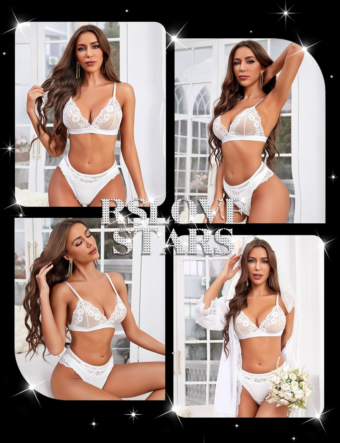 RSLOVE Lingerie for Women Sexy Floral Lace Bra and Panty Sets Two Piece Babydoll image number 4