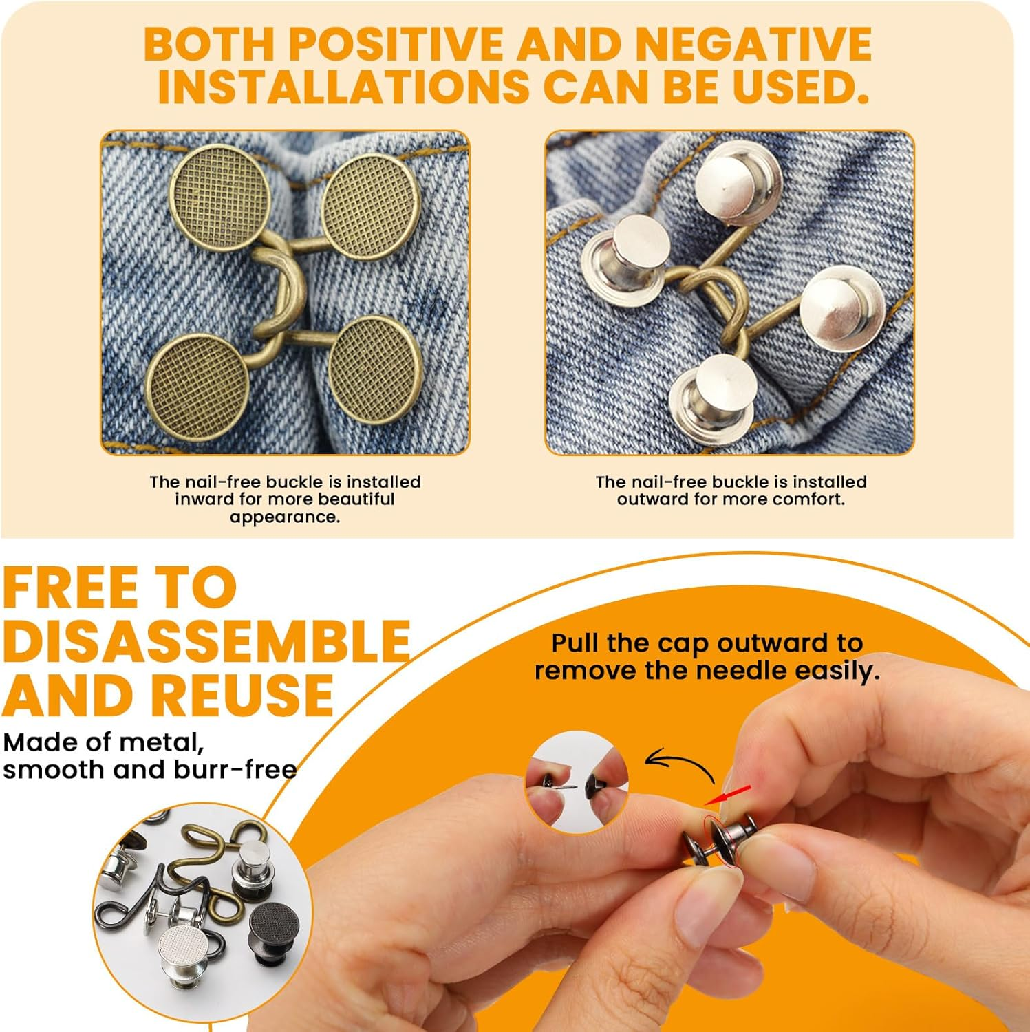 Yitexin 36 Pcs Pants Jean Buttons for Loose Jeans Adjustable, No Sewing Pant Waist Tightener, Pants Clips to Tighten Waist Size Down, Waist Buckle Extender Pins Adjuster for Women (6 Sets, 3 Colors) image number 6