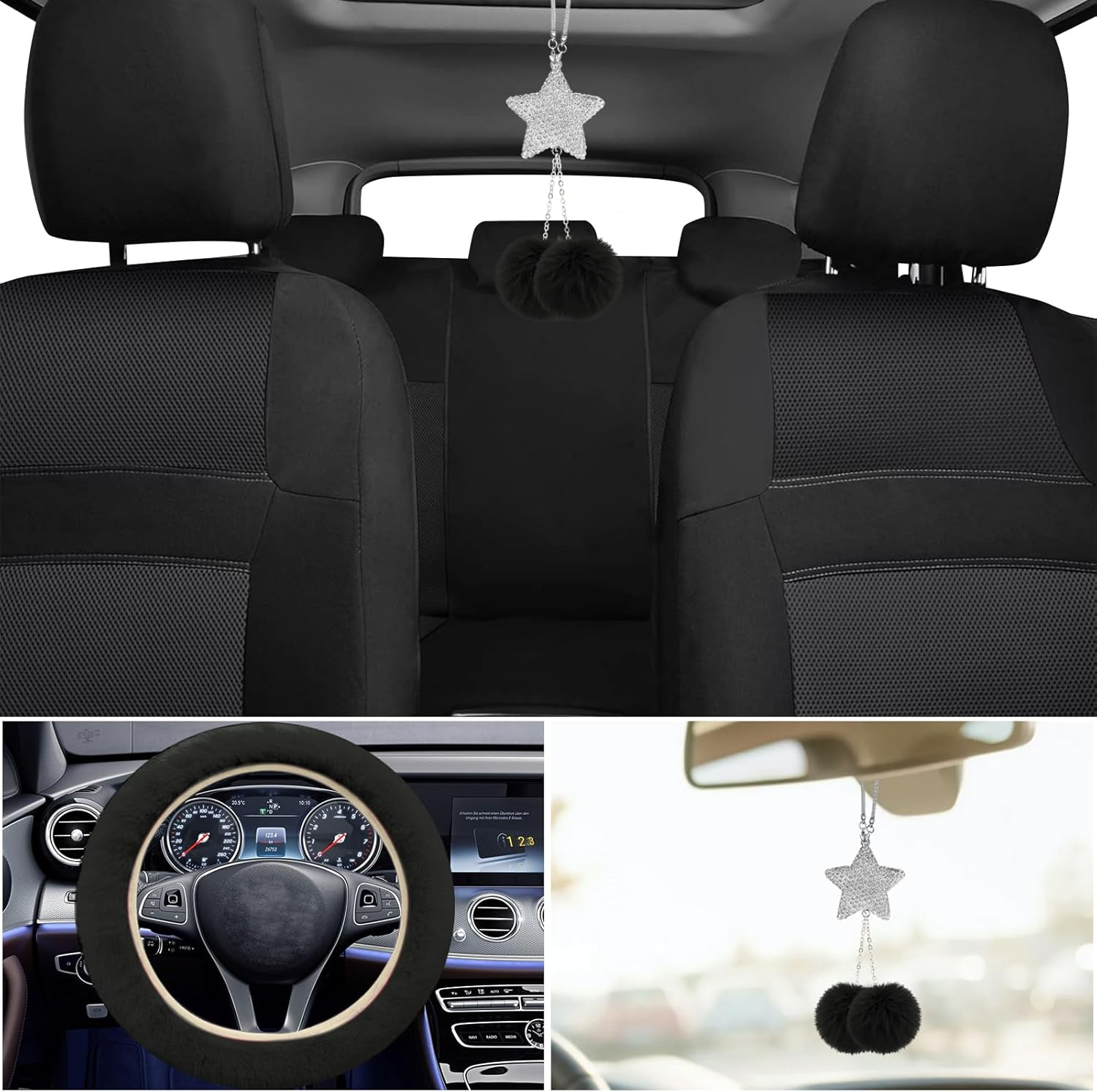 Car Seat Cover Full Set for Women with Waterproof Floor Mats,3D Air Mesh Car Seat Cover with 5Mm Composite Sponge Inside,Universal Fluffy Steering Wheel Cover, Accessories Full(Black) image number 4